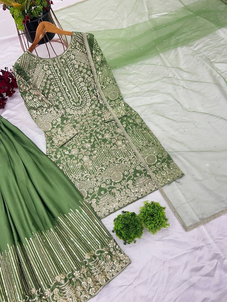 Indian Green Chinnon Silk Sharara Palazzo Salwar Kameez Set with Net Dupatta