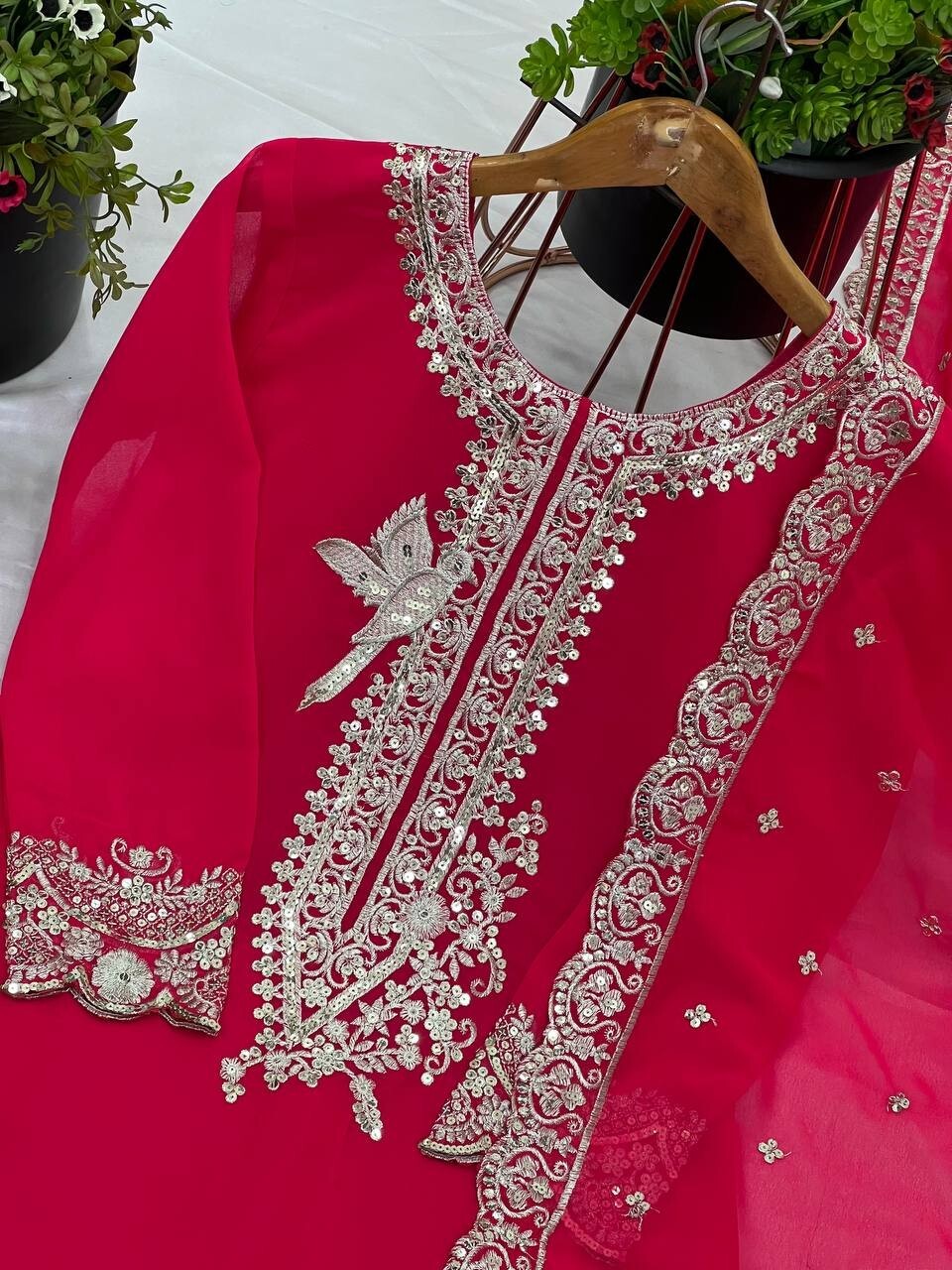 Pink Pakistani Sharara Dress with Embroidered Sequins in Faux Georgette Readymad
