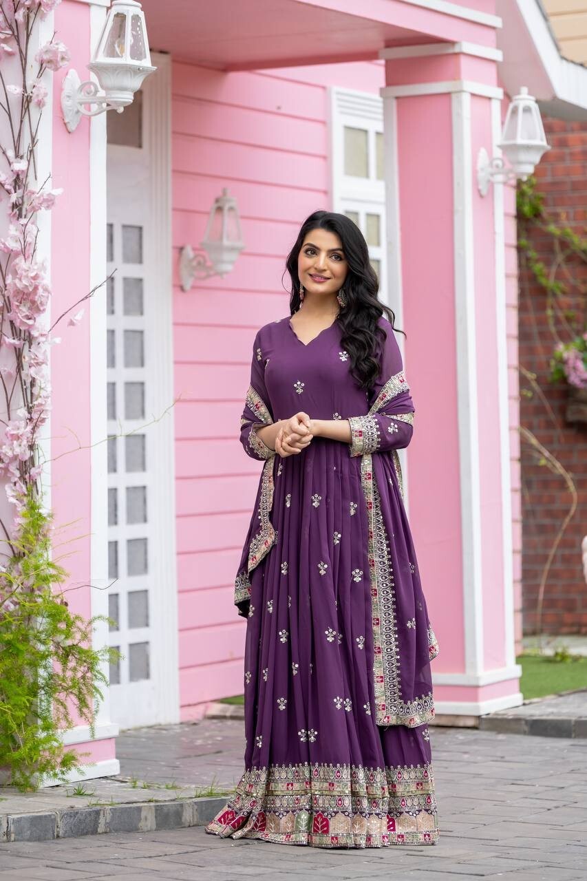 Georgette Pakistani Anarkali Gown Salwar Kameez Set with Embroidered Net
