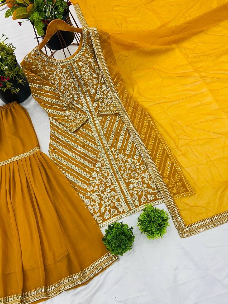 Yellow Georgette Sharara suirt Kameez with Dupatta for Women & Girls (3PC Set)
