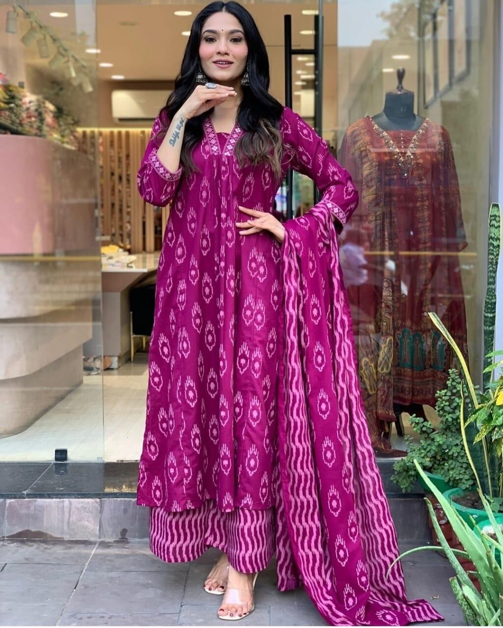 New Cotton Women Anarkali Flared Gown with Pant Salwar suit Embroidery work