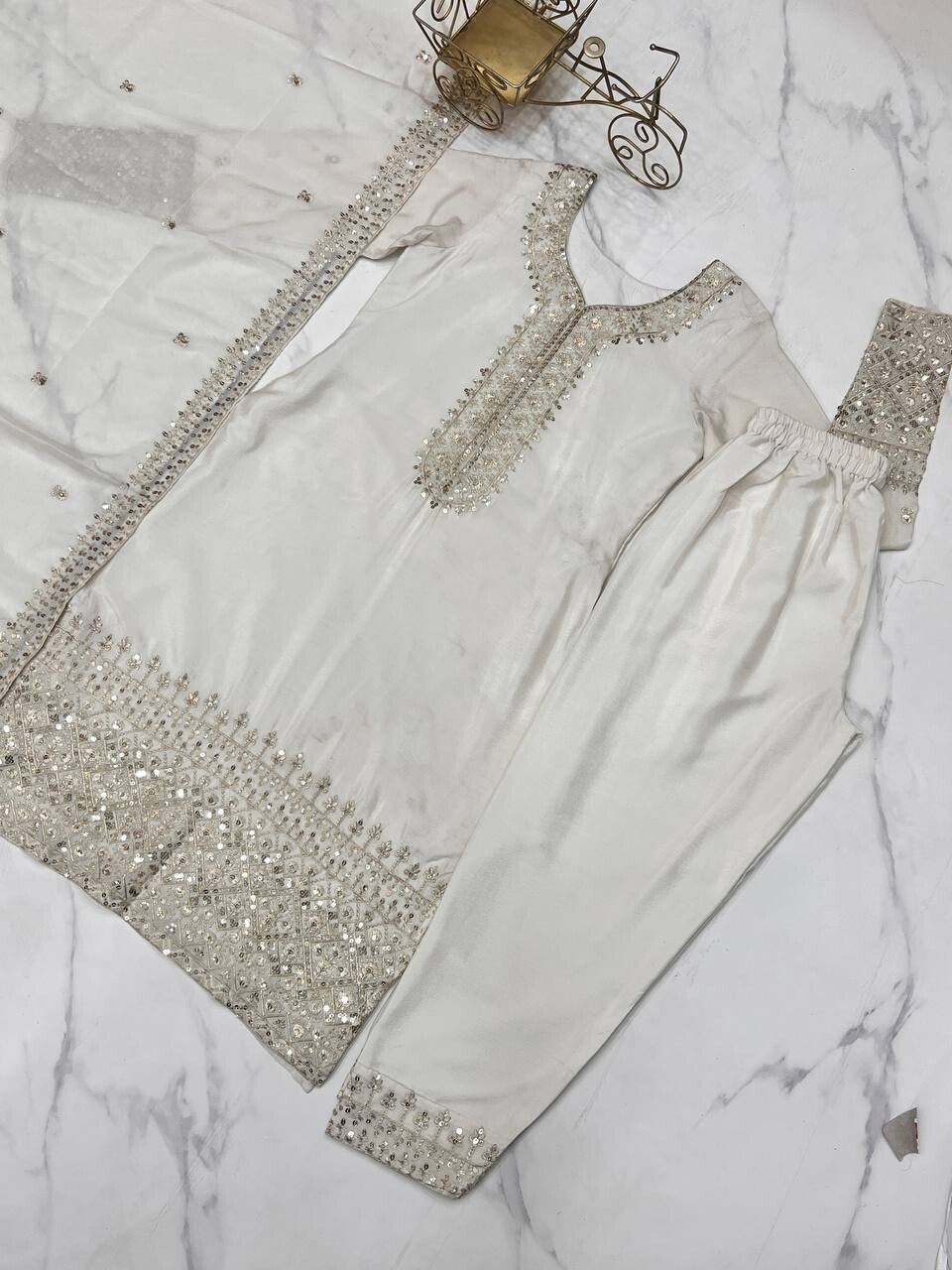 Chinon silk Designer Pakistani Salwar Kameez Set  Wedding & Party Wear White