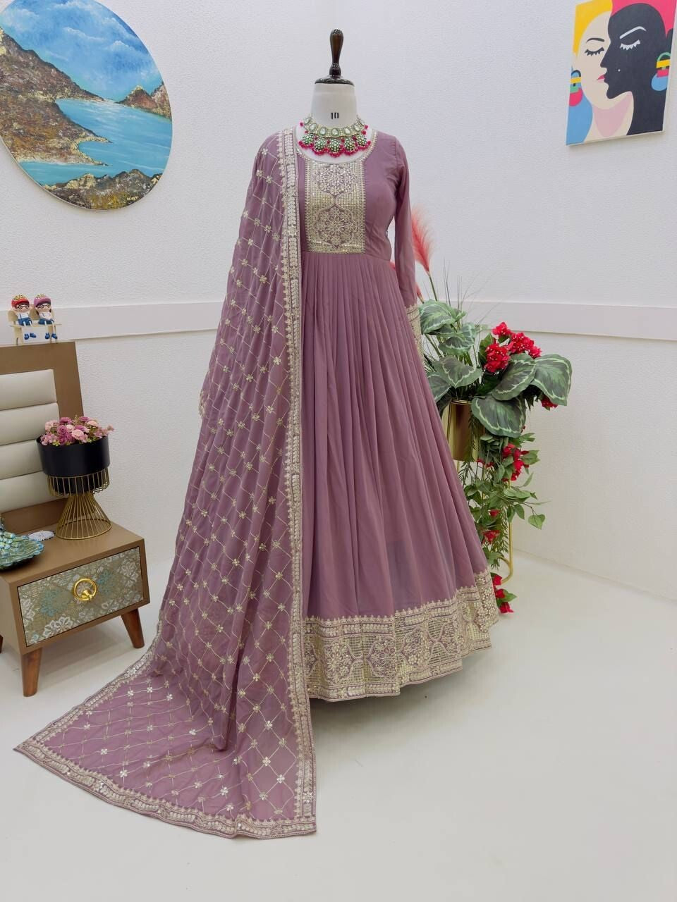 Georgette Embroidered Flared Anarkali Gown Dupatta – Fully Stitched  Ensemble