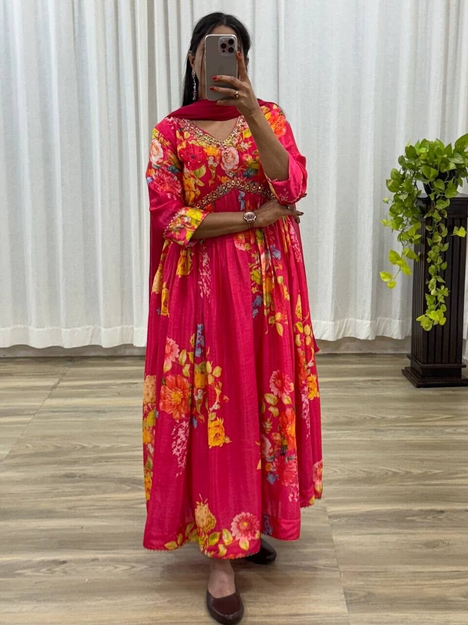 Chinon silk Indian Floral Anarkali Full length flared Gown Set – Readymade