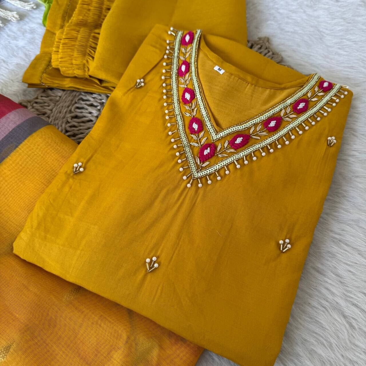 Roman Silk Kurti Pant Dupatta Set – Handwork Detailing Salwar kameez Jacquard