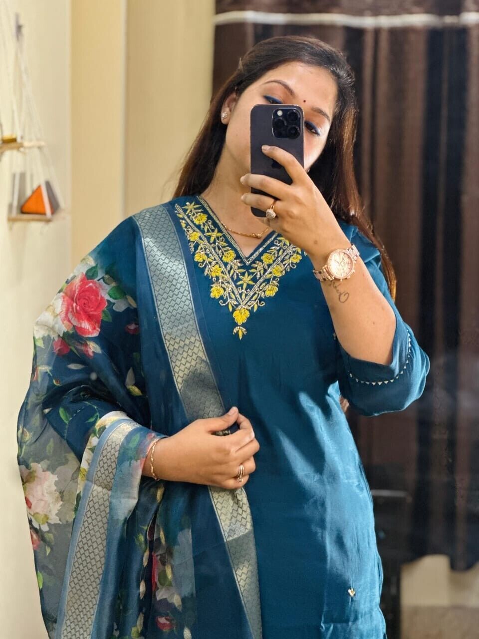 Blue Roman Silk Salwar kameez Pant Dupatta Set – Fully Stitched Festival Wear