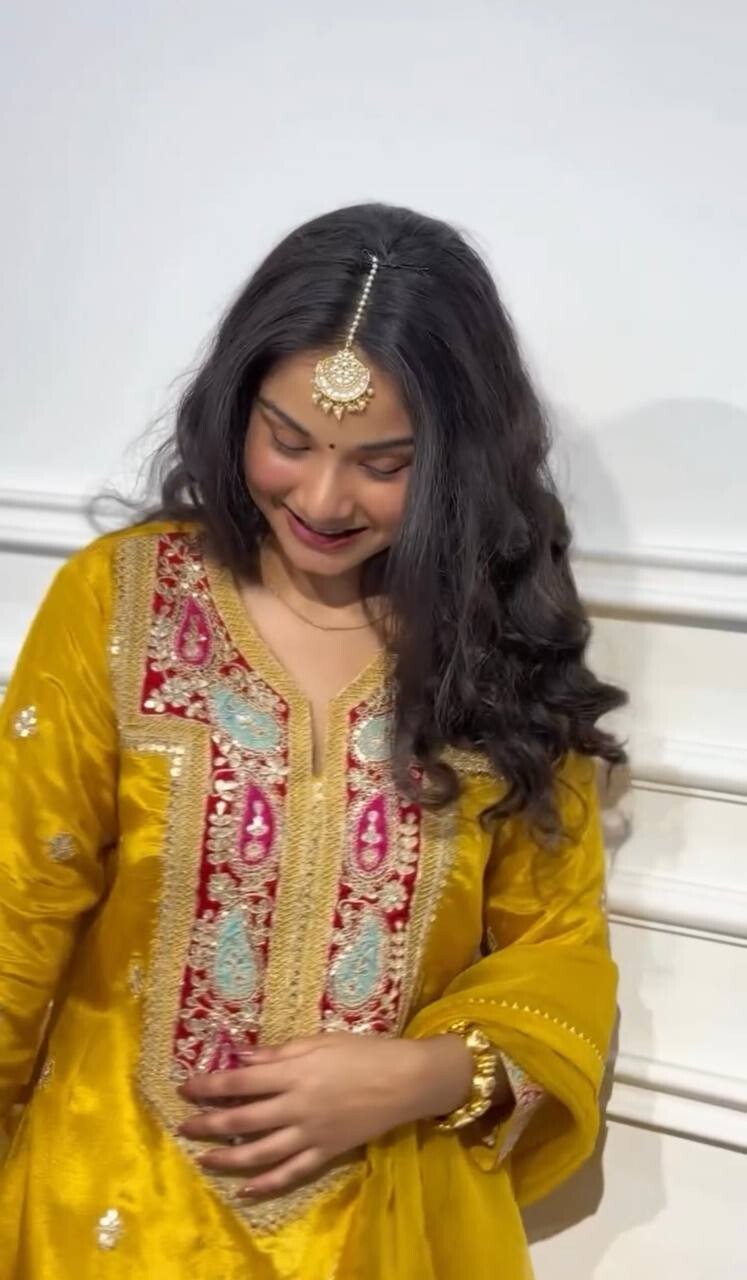 Pakistani Yellow  Embroidered Sequins Chinon Silk Gharara Dress , sharara suit