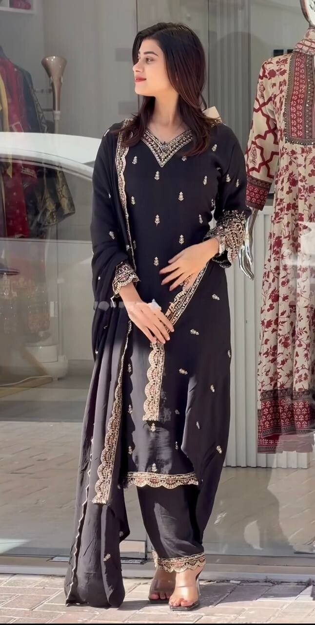 Designer Black Chinnon Silk Salwar Kameez –  Embroidered Suit for parties