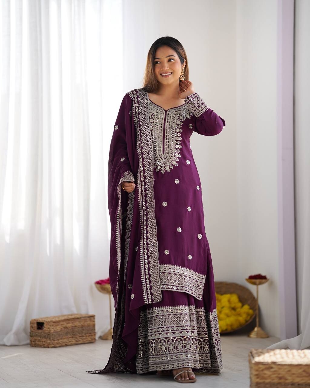 Chinnon Silk Punjabi Sharara Palazzo Salwar Kameez Set with Lace Border Dupatta