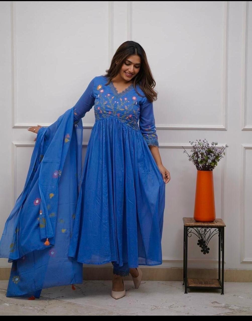 Flared Anarkali gown Kurta  Cotton with Embroidered Neckline & Printed