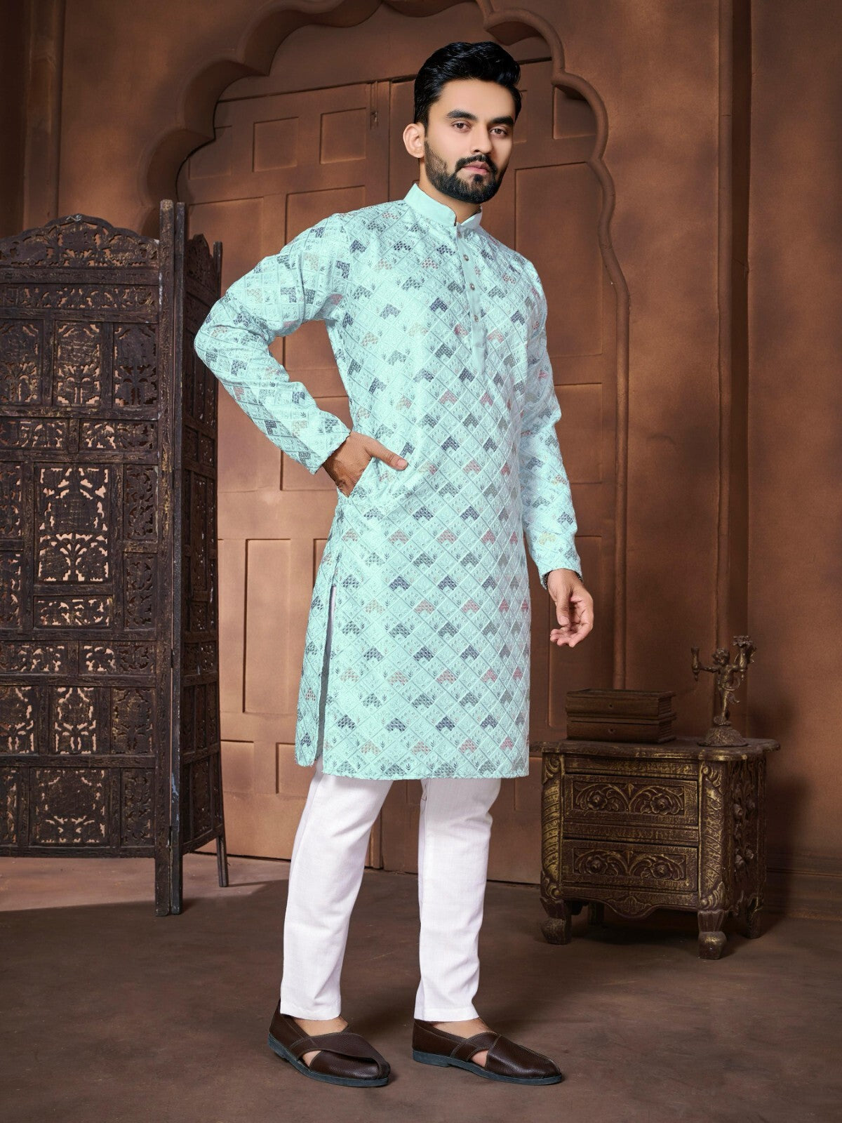 Traditional Men's Wedding Kurta Long  Embroidery & Cotton Pajama - Silk Bandhani