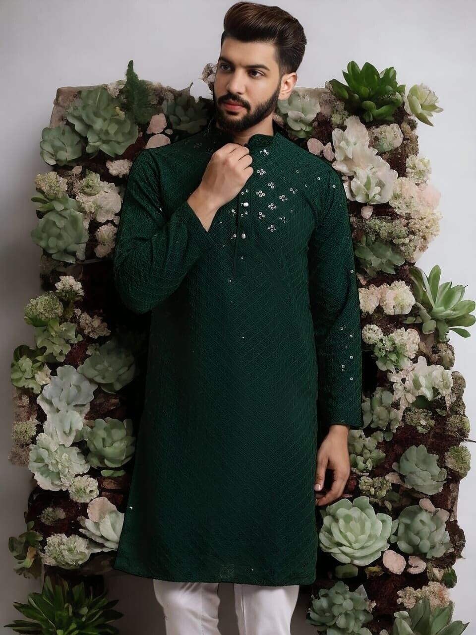Party Wear Green Embroidered Pure Cotton Long Shirt Kurta Pajama Pooja Kurta