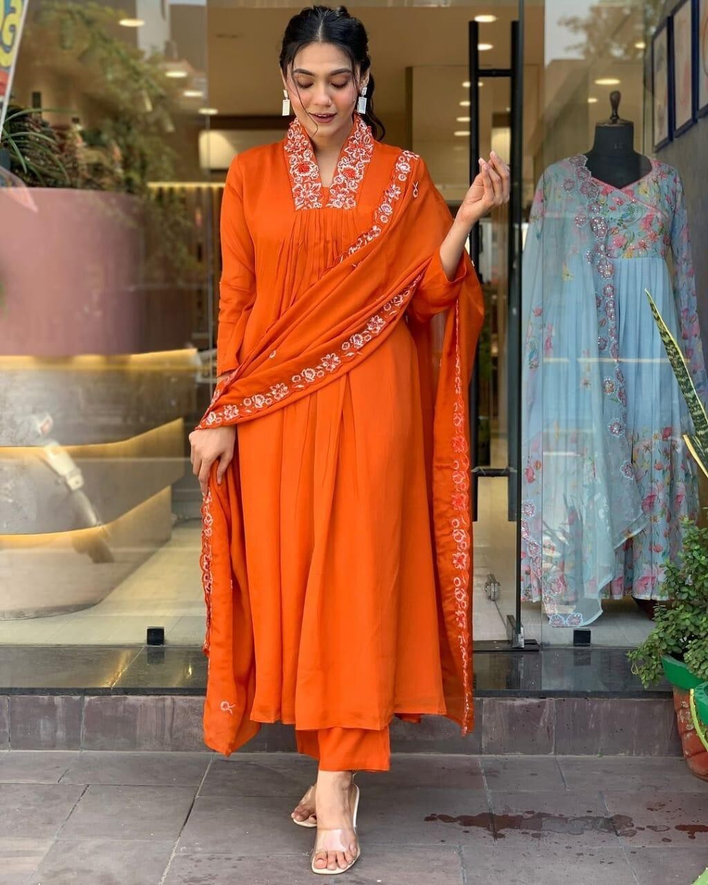 Designer Flared women anarkali Gown Set 3 PC long suit Indian Fabric Cotton 60