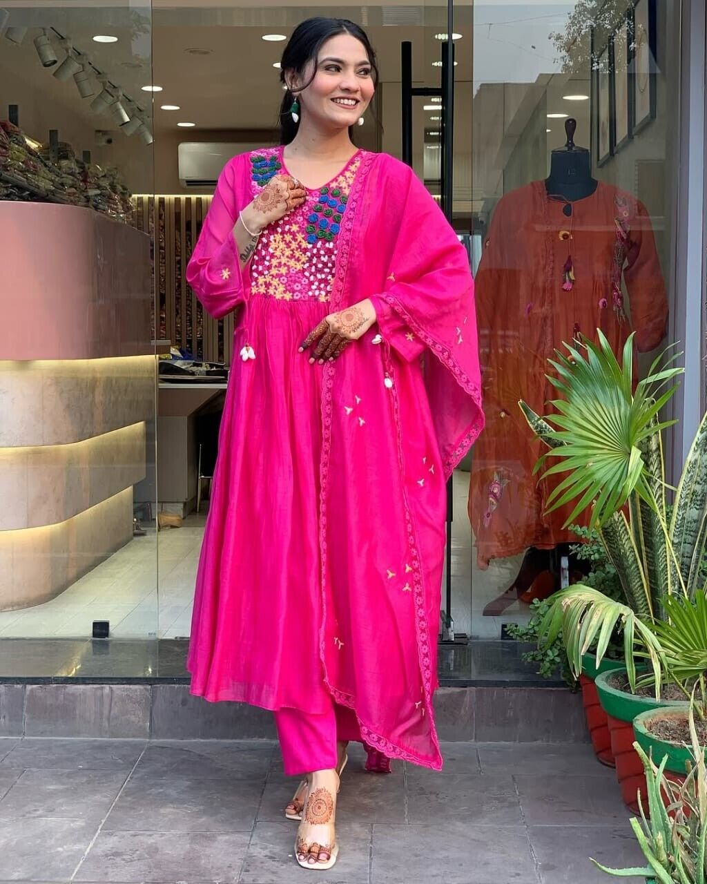Indian Cotton Pink Embroidered  Anarkali Flared Gown Kurti Dress Tunic Style