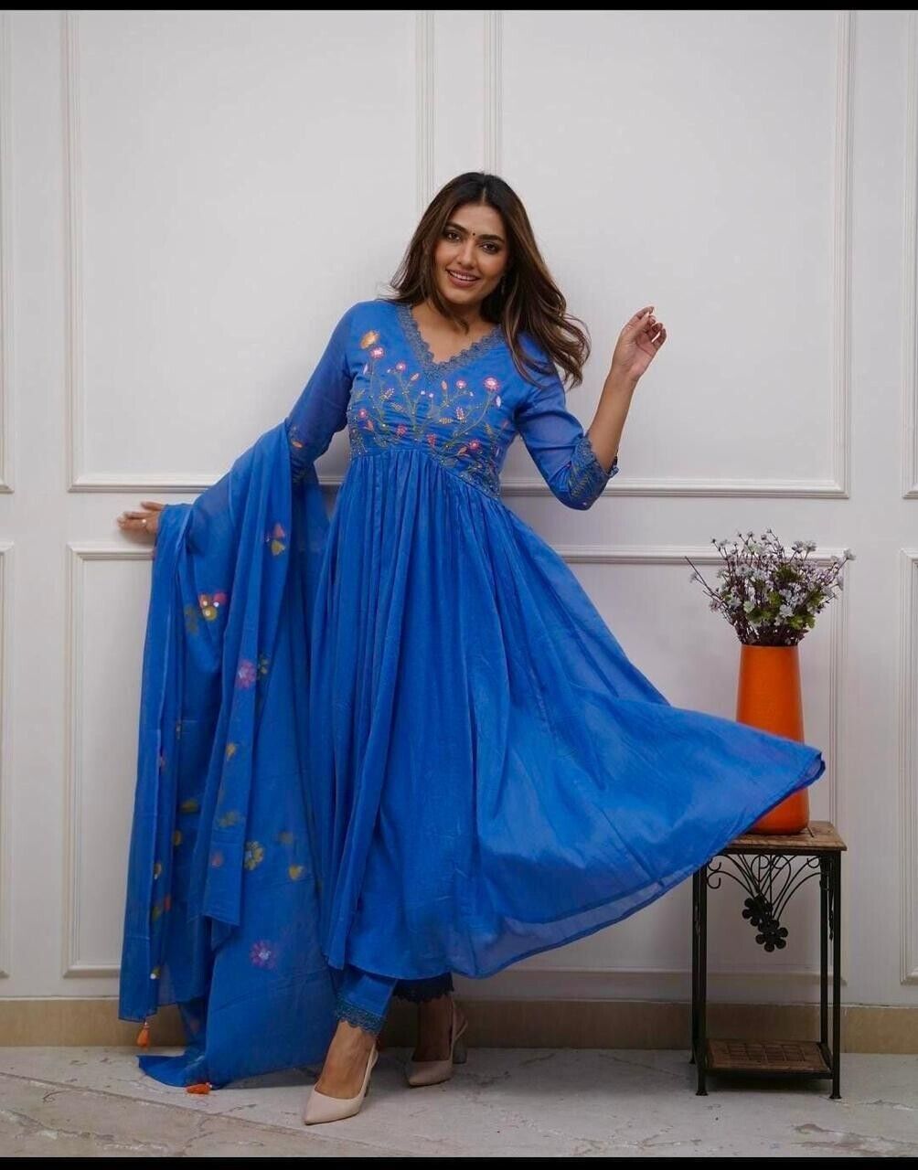 Flared Anarkali gown Kurta  Cotton with Embroidered Neckline & Printed