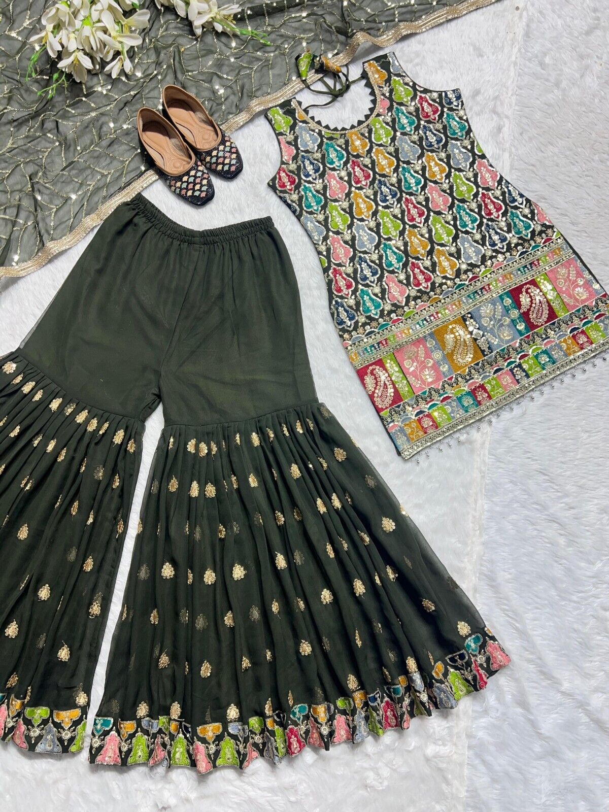 Indian Readymade Georgette Bollywood Kurti Wedding Indian Sharara Suit 3PC