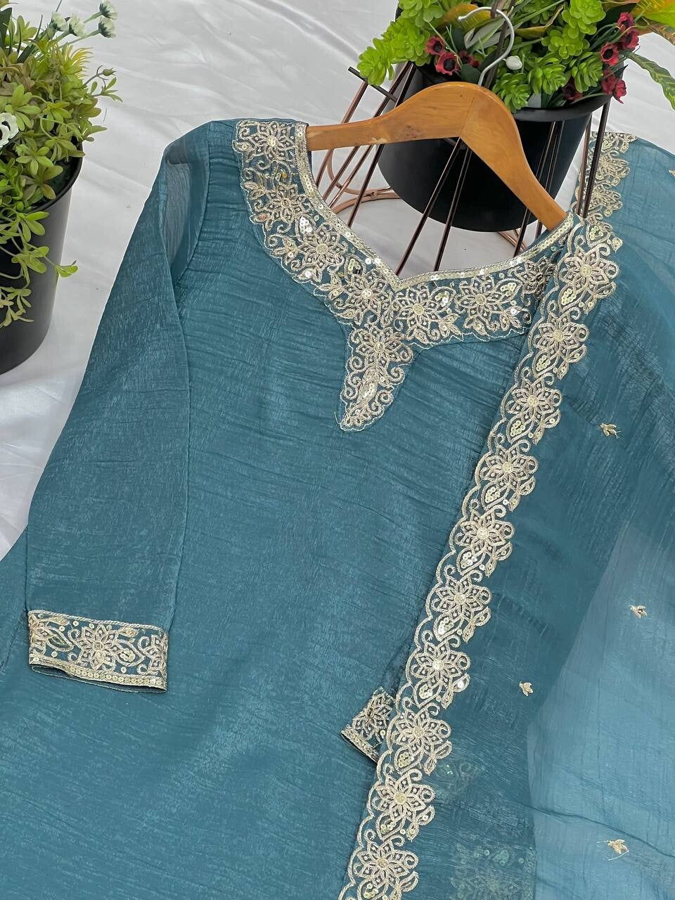 White Crunchy Silk Pakistani Salwar Kameez Sharara Suit with Embroidered Dupatta