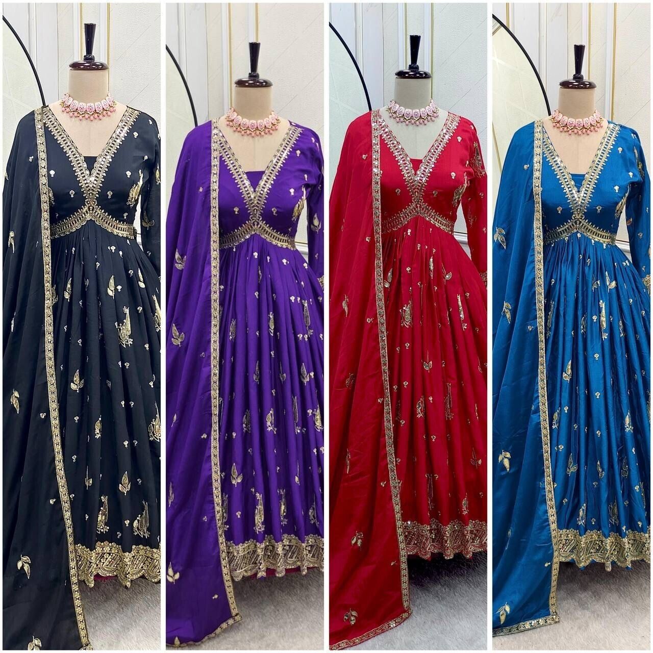 Chinnon Silk Flared Anarkali Gown pant Dupatta Indian Dress designer Stitched