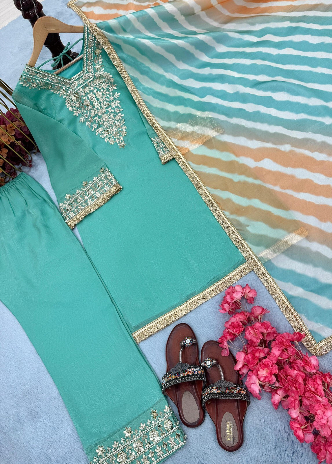 Pure Crunchy Silk Embroidered Party Wear Suit with Sharara & Dupatta