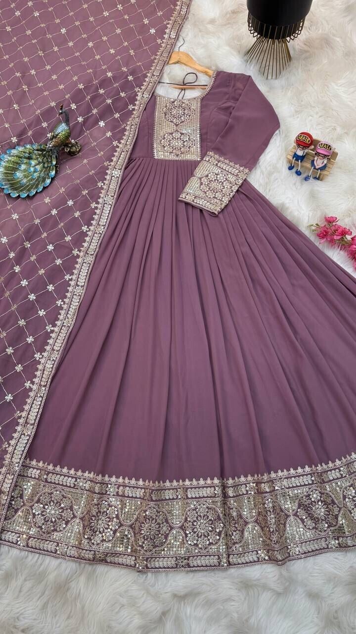 Georgette Embroidered Flared Anarkali Gown Dupatta – Fully Stitched  Ensemble