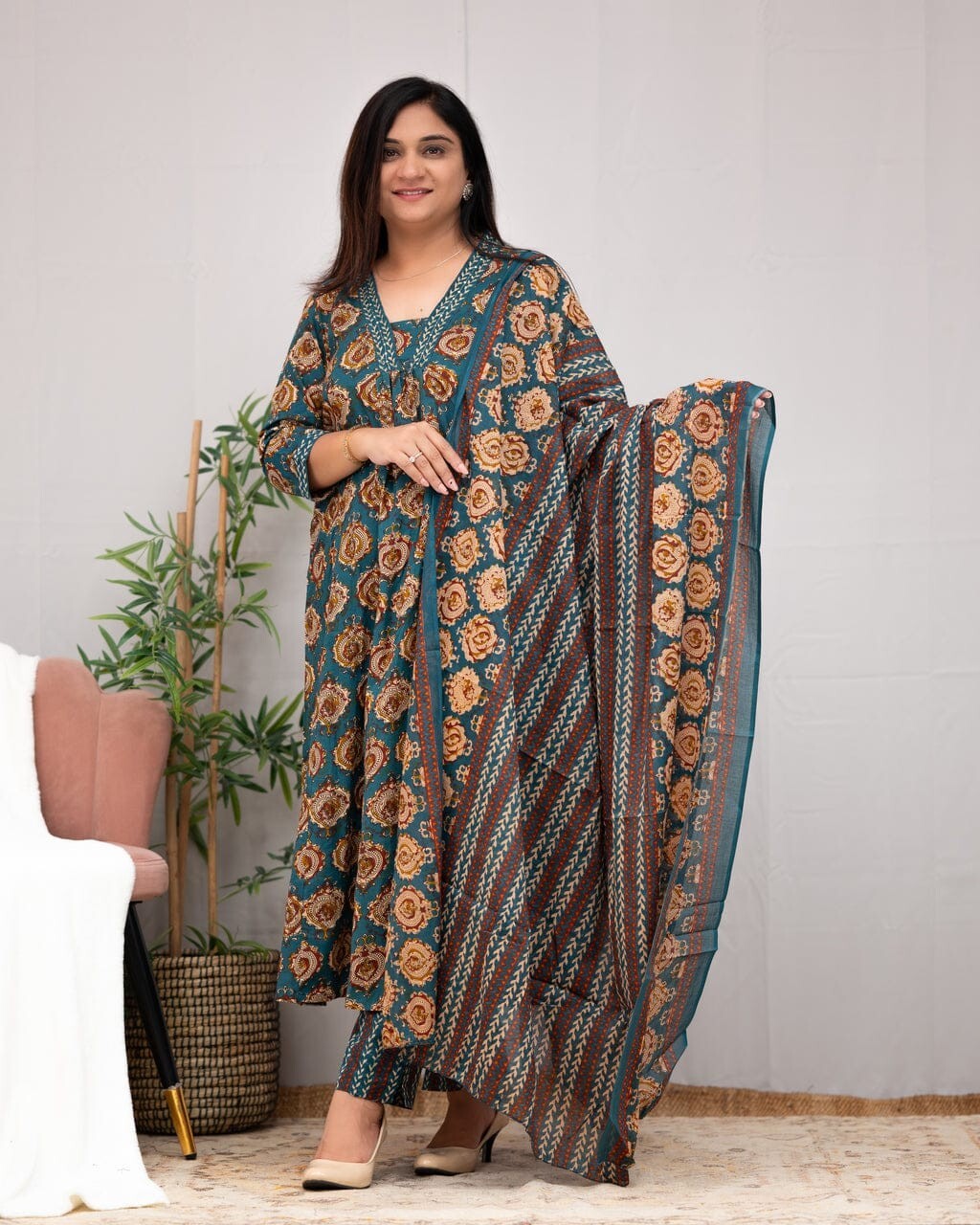 Cotton Designer indian Embroidered Anarkali Kurti Pant with Dupatta Set