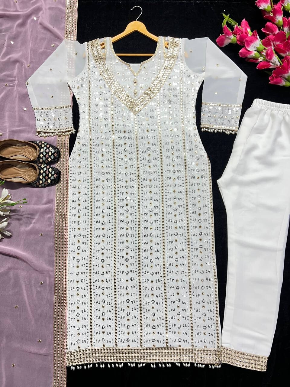 Elegant Pink Embroidered Faux Georgette Salwar Kameez  Set – 3-Piece Ensemble