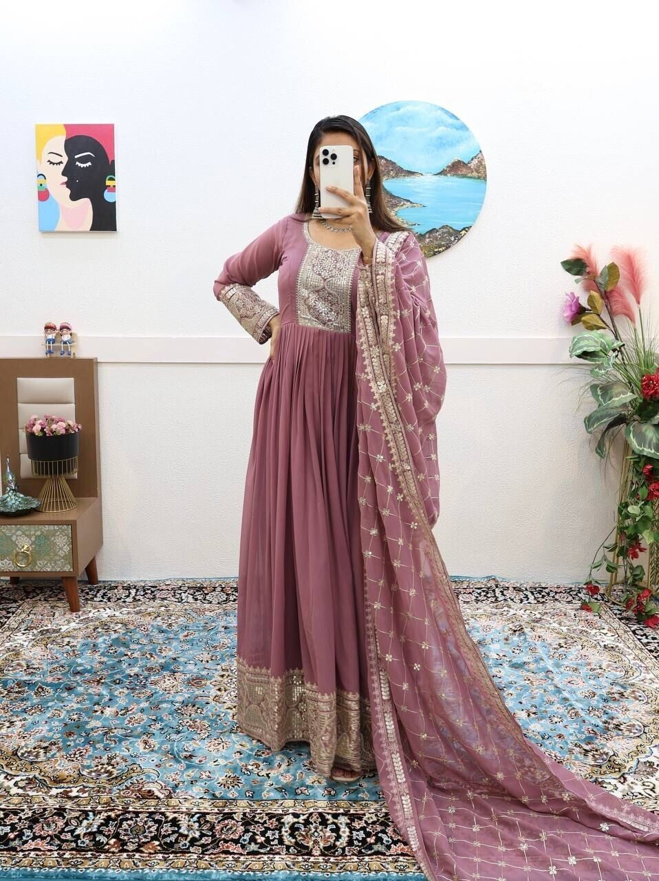 Georgette Embroidered Flared Anarkali Gown Dupatta – Fully Stitched  Ensemble