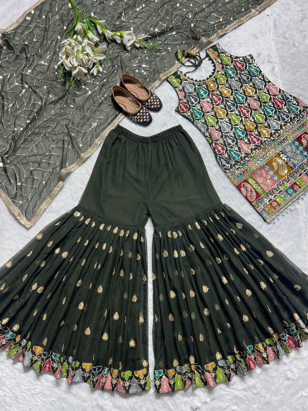 Indian Readymade Georgette Bollywood Kurti Wedding Indian Sharara Suit 3PC
