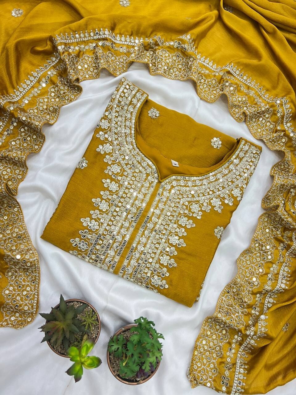 Chinnon Silk Punjabi Sharara Palazzo Salwar Kameez Set with Lace Border Dupatta