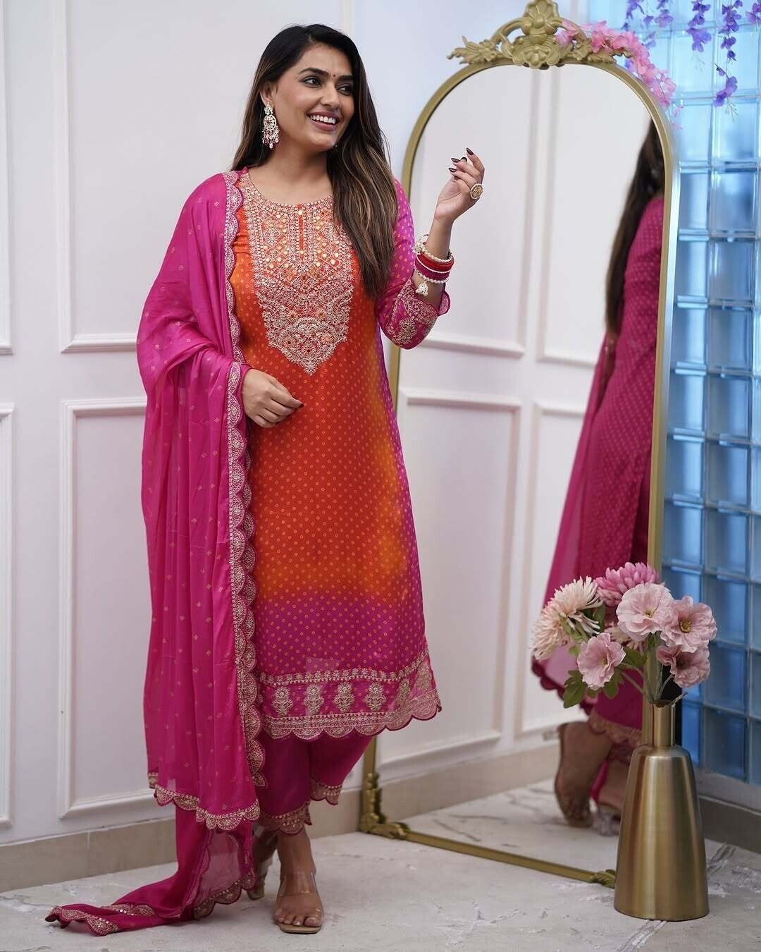 Chinon Silk Pakistani Pink Salwar Kameez Readymade Indian Wedding Partywear 3PC