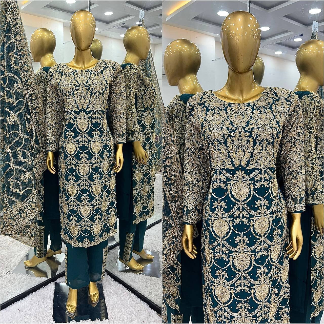 Anarkali Gown Georgette Indian Wedding Party Wear Dress Bollywood Suit Pant 3PC