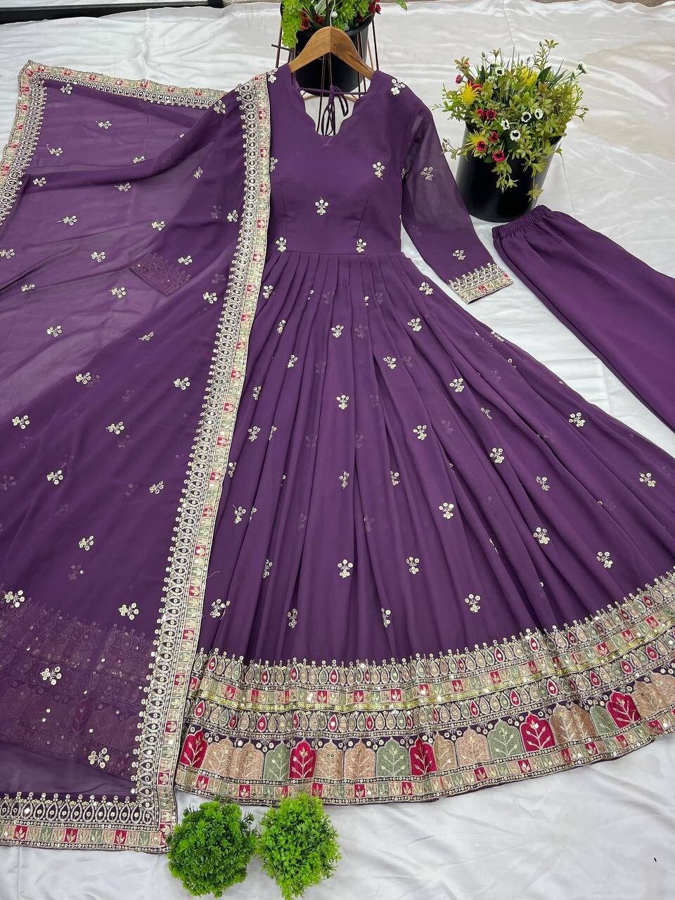 Georgette Pakistani Anarkali Gown Salwar Kameez Set with Embroidered Net