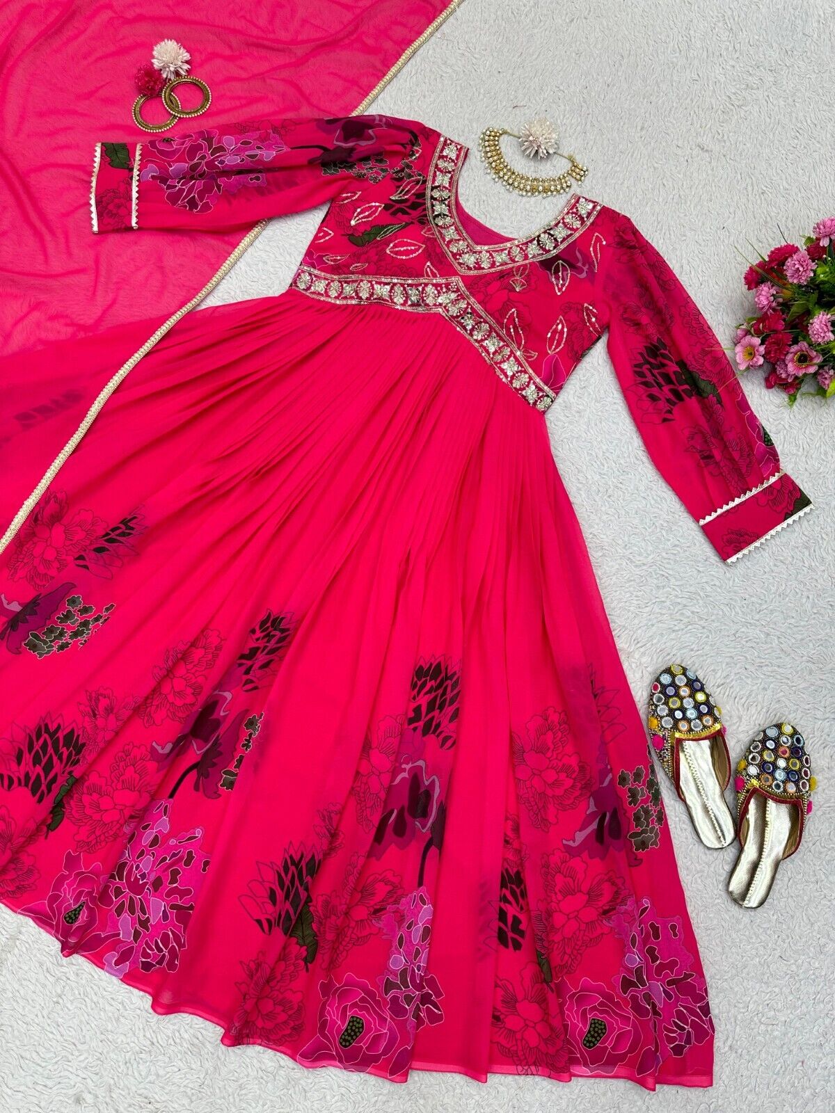 Designer Floral Faux Georgette Anarkali gown Flared Sleeves  Ready-to-Wear