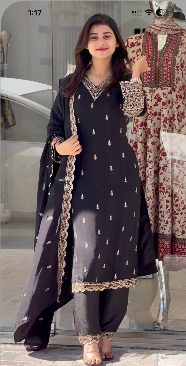 Designer Black Chinnon Silk Salwar Kameez –  Embroidered Suit for parties