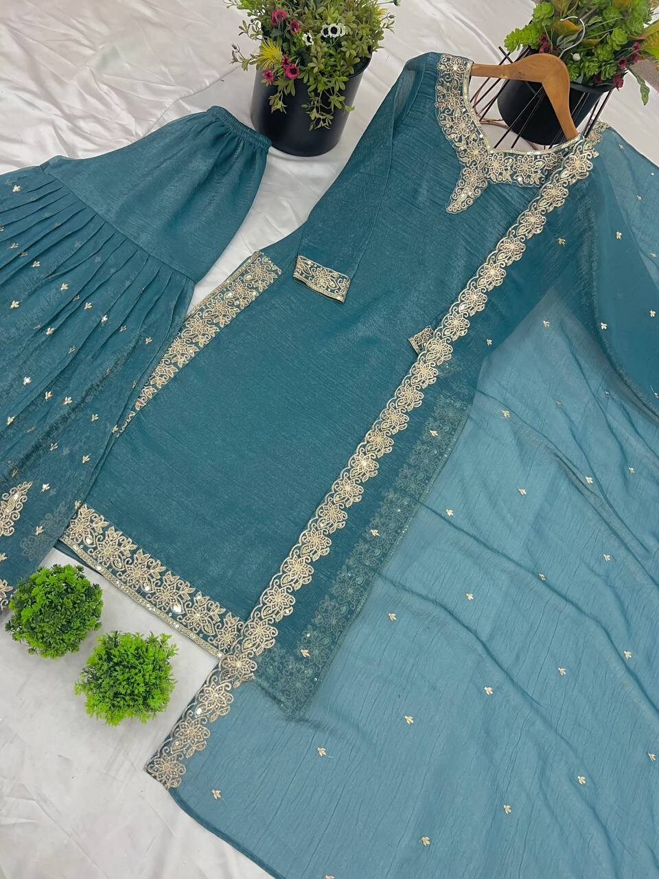 White Crunchy Silk Pakistani Salwar Kameez Sharara Suit with Embroidered Dupatta
