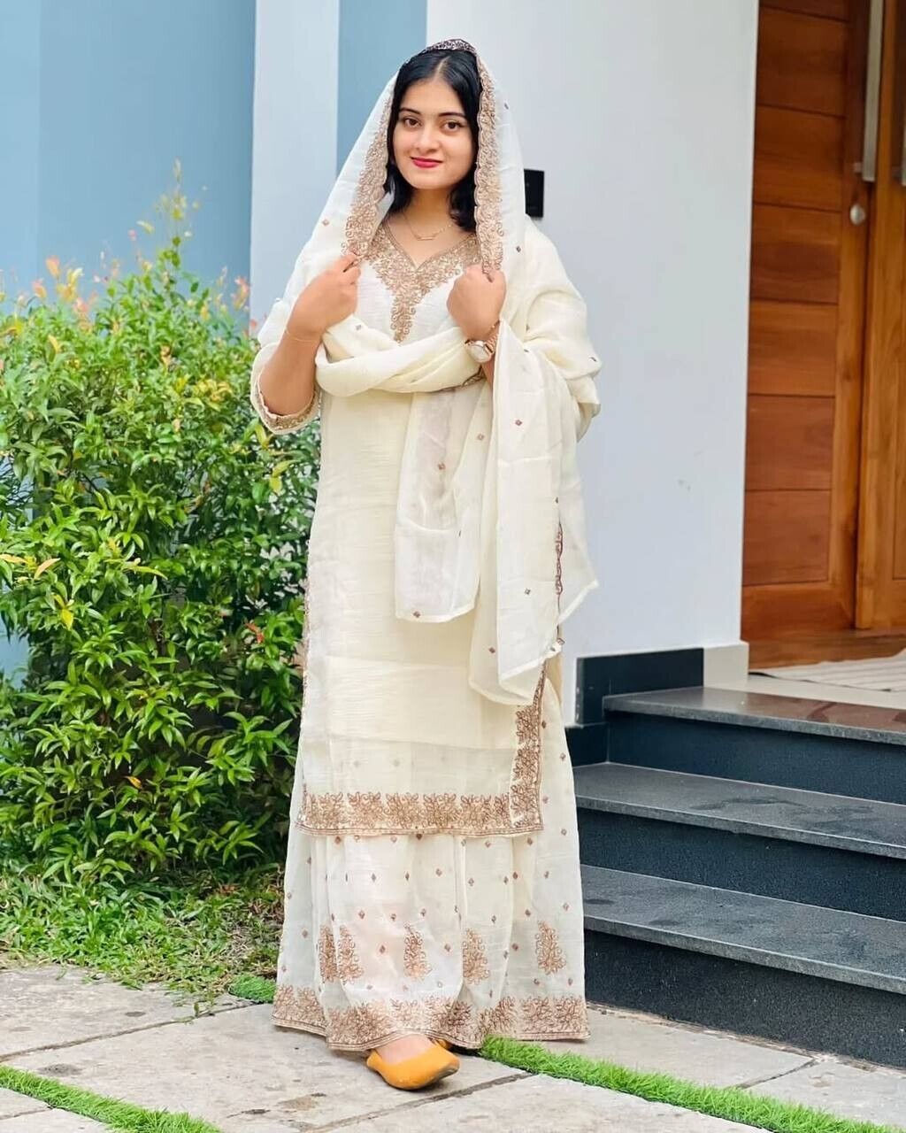White Crunchy Silk Pakistani Salwar Kameez Sharara Suit with Embroidered Dupatta