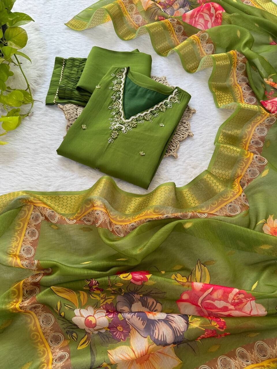 Roman Silk Kurti Pant Dupatta Set – Handwork Detailing Salwar kameez Jacquard
