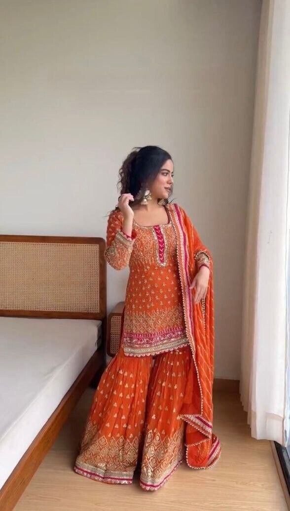 Faux Georgette Embroidered Zari Work  Sharara Suit Set with Embroidered Dupatta