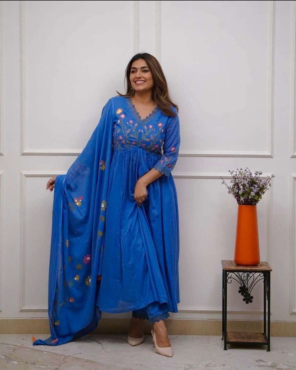 Flared Anarkali gown Kurta  Cotton with Embroidered Neckline & Printed