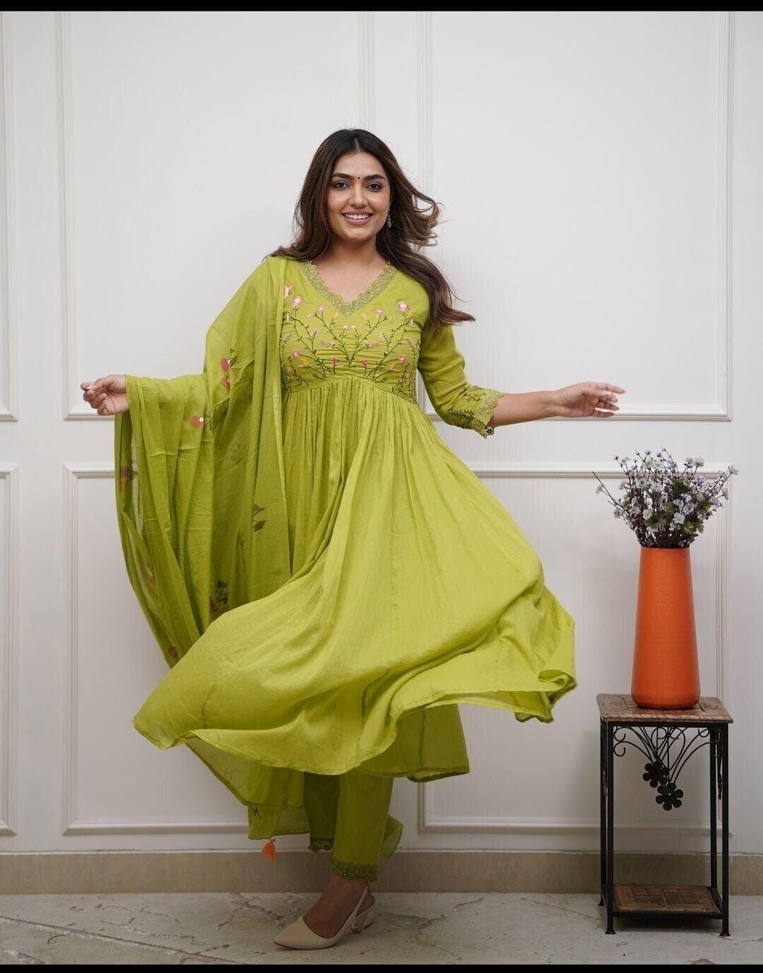 Anarkali Flared Gown Cotton Kurta Pant Set with Malmal Dupatta  3 Piece Set