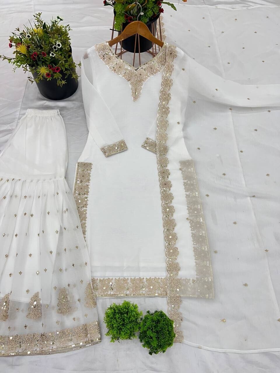 White Crunchy Silk Pakistani Salwar Kameez Sharara Suit with Embroidered Dupatta
