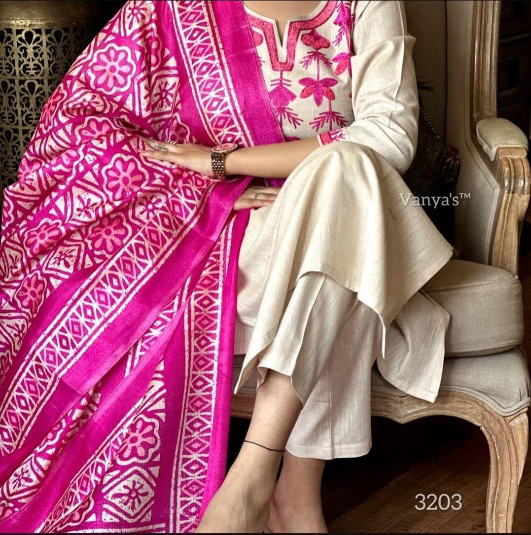 Salwar kameez South Cotton Kurta Set with Khadi Silk Dupatta – Aari Embroiderd