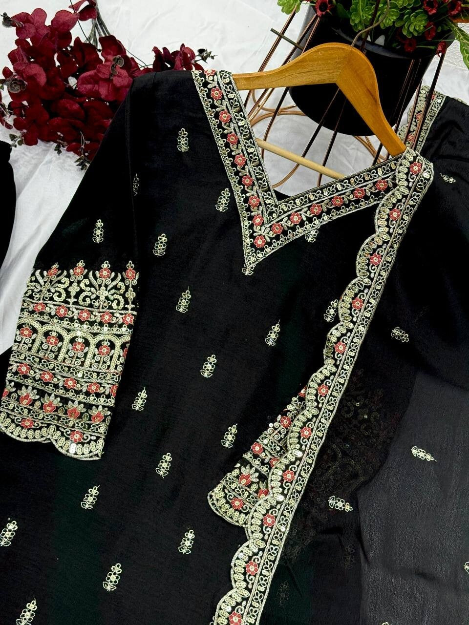 Designer Black Chinnon Silk Salwar Kameez –  Embroidered Suit for parties