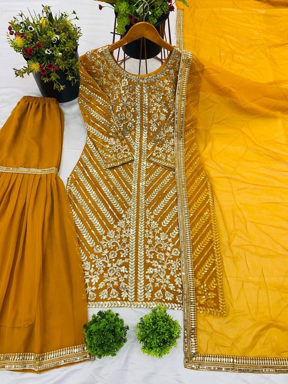 Yellow Georgette Sharara suirt Kameez with Dupatta for Women & Girls (3PC Set)