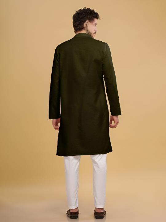 New Men’s Long  Kurta Pajama Party Wear Solid Olive Green Indian S - 7X