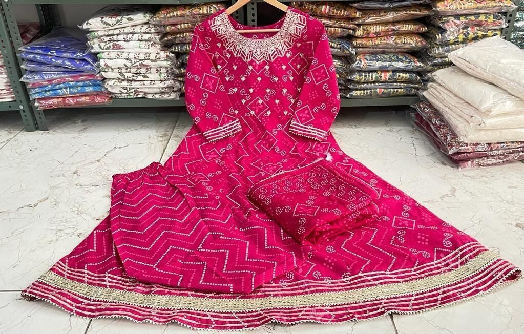 Women’s Pink Cotton Anarkali Gown suit Kurta – Floral Printed Flared Long Dress