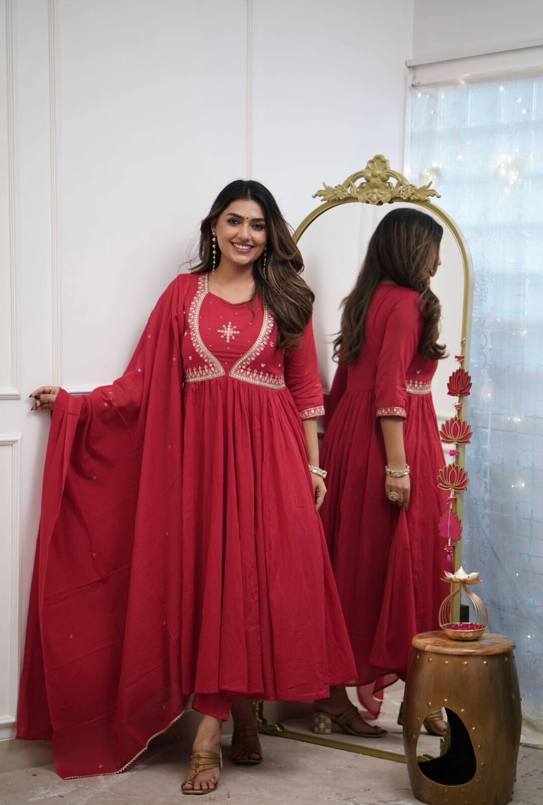 Cotton Embroidered Flared Anarkali Gown Suit Readymade Kurti Long Kurta Women