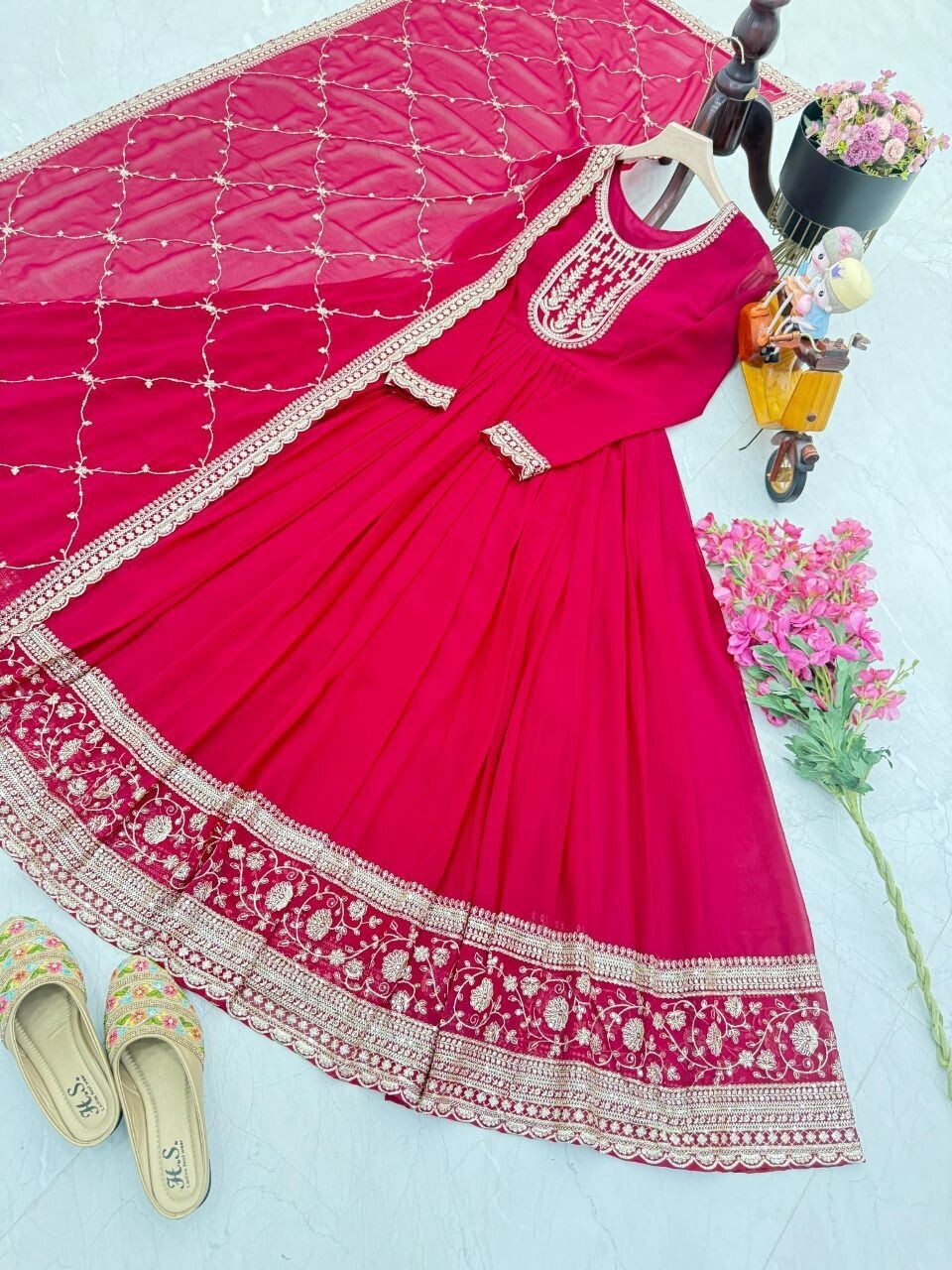 Heavy Fox Georgette Embroidered Anarkali Gown Suit Set Fully Stitched Party Wear