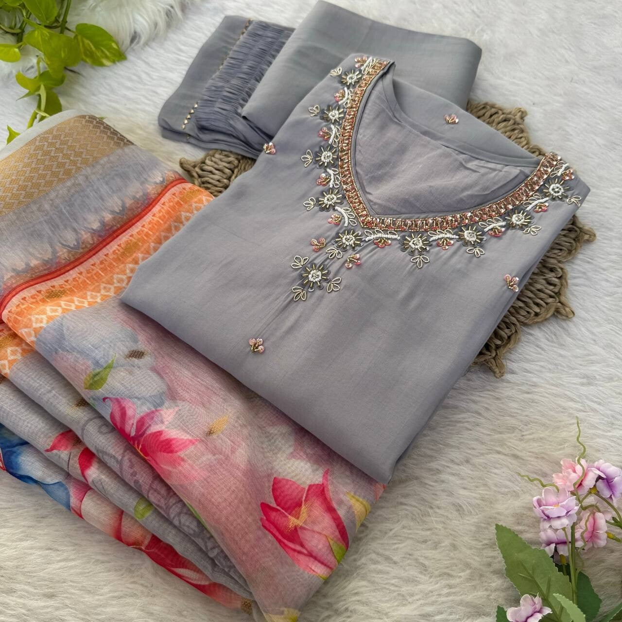 Roman Silk Kurti Pant Dupatta Set – Handwork Detailing Salwar kameez Jacquard
