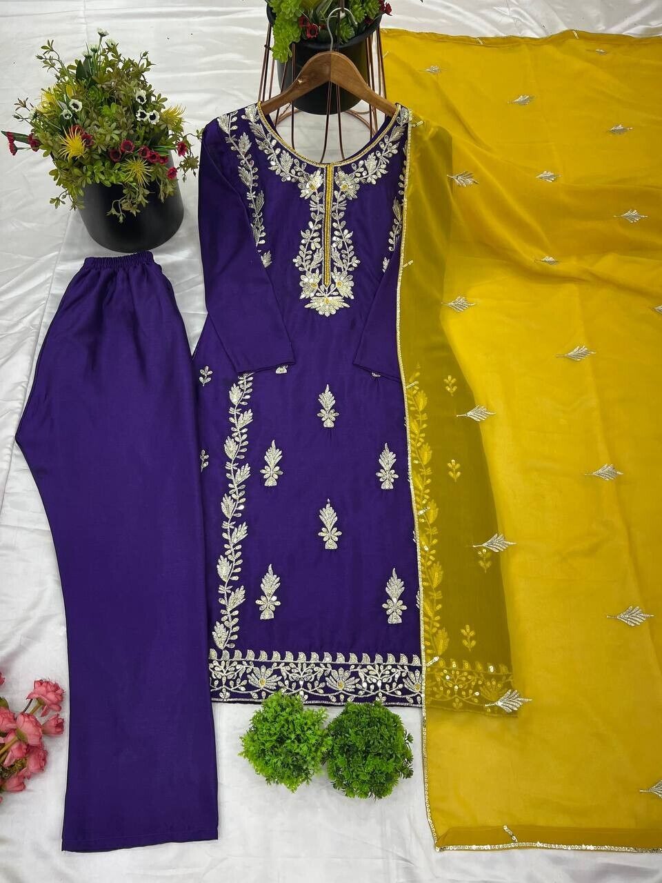 Chinnon Silk  Salwar Kameez Pakistani Dress Ready To Wear Suits Indian Embroided